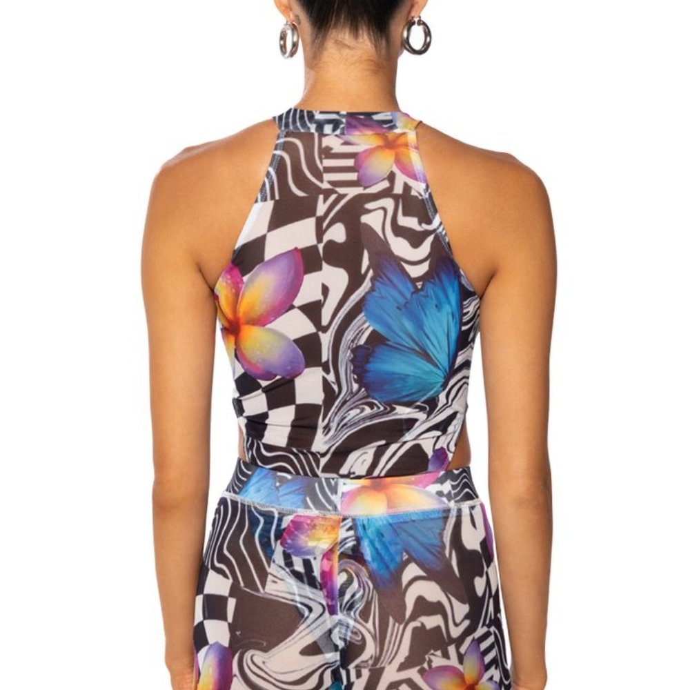 Stasia Land Flowers on the Board: Mesh Sleeveless Mock Neck Bodysuit M L - Picture 4 of 6